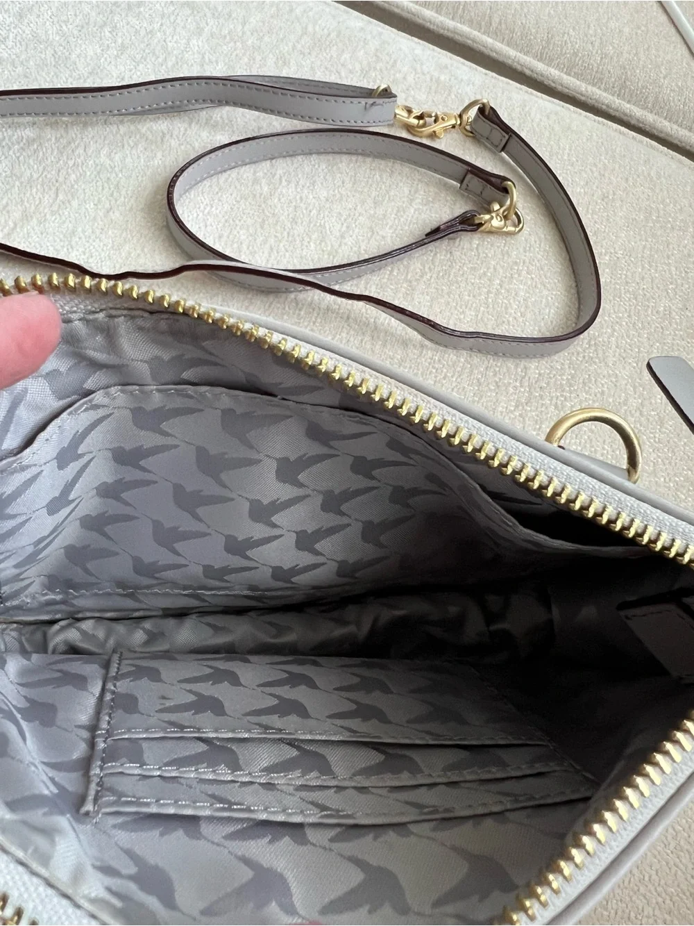 Lo & Sons Light Gray Leather Crossbody with Gold Hardware